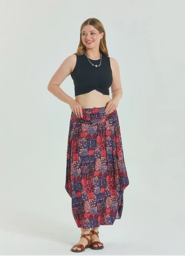 Red Patterned Plus Size Skirt with Elastic Waist Drape Detail 4603